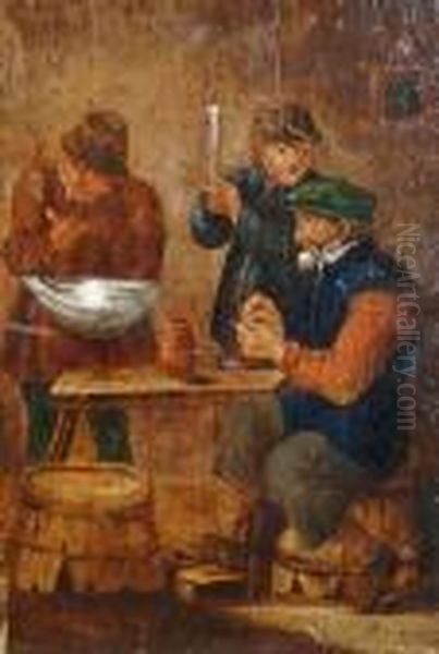 A Tavern Interior With Three Peasants At A Table Smoking Oil Painting by Adriaen Brouwer