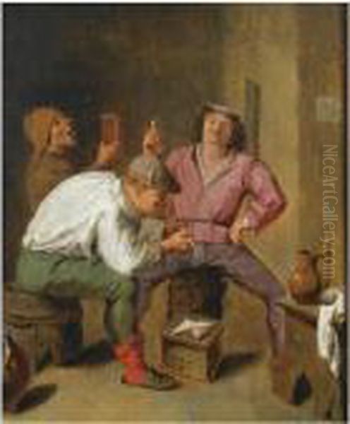 Three Peasants Smoking And Drinking In A Tavern Oil Painting by Adriaen Brouwer