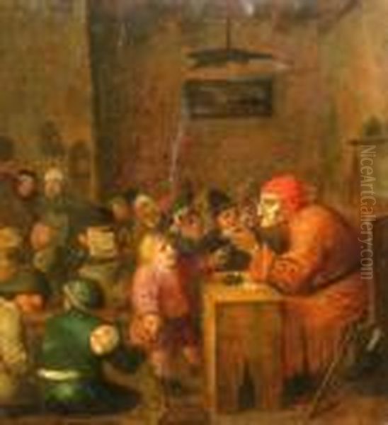 Busy Interior Scene, Possibly A School Room Oil Painting by Adriaen Brouwer