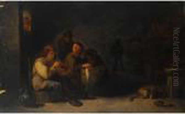 A Tavern Interior With Peasants Smoking Pipes Oil Painting by Adriaen Brouwer