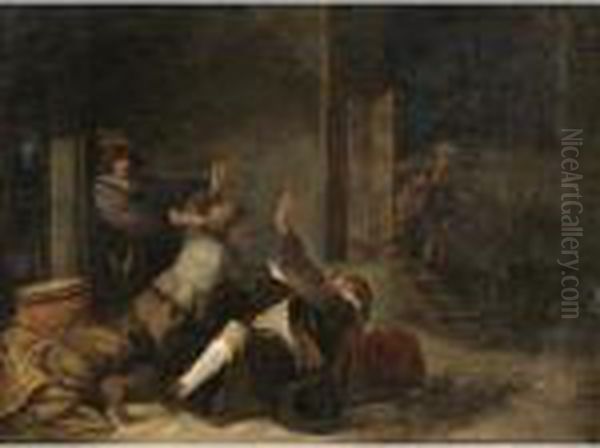 A Guardroom Interior With Soldiers Brawling Oil Painting by Adriaen Brouwer