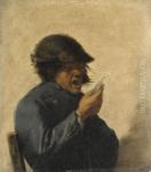 Interior With A Peasant Singing Half Length Wearing A Blue Coat Oil Painting by Adriaen Brouwer