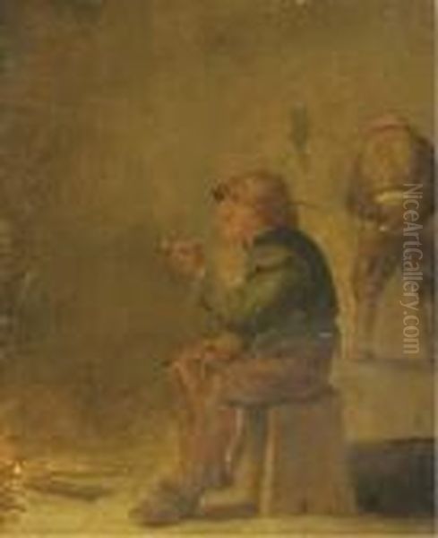 A Peasant Smoking A Pipe And Drinking Beer Near An Open Fire Oil Painting by Adriaen Brouwer