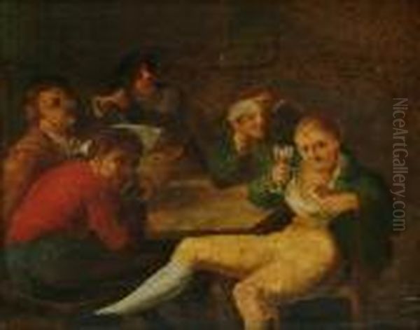 A Tavern Interior With Figures Drinking Oil Painting by Adriaen Brouwer