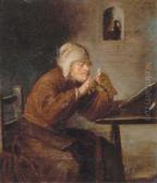 A Man Seated At His Desk Sharpening His Pen Oil Painting by Adriaen Brouwer