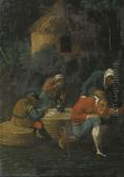 Peasants Drinking And Smoking By An Inn At Night Oil Painting by Adriaen Brouwer