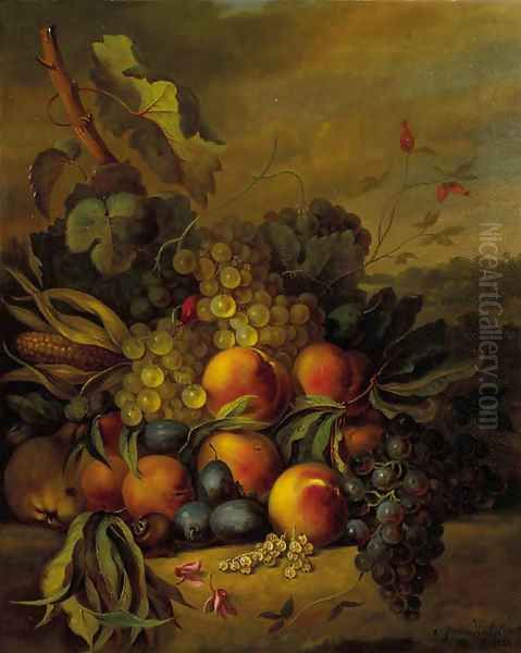 Still life with grapes, peaches and plums in a landscape Oil Painting by Cornelis Johannes Van Hulstijn