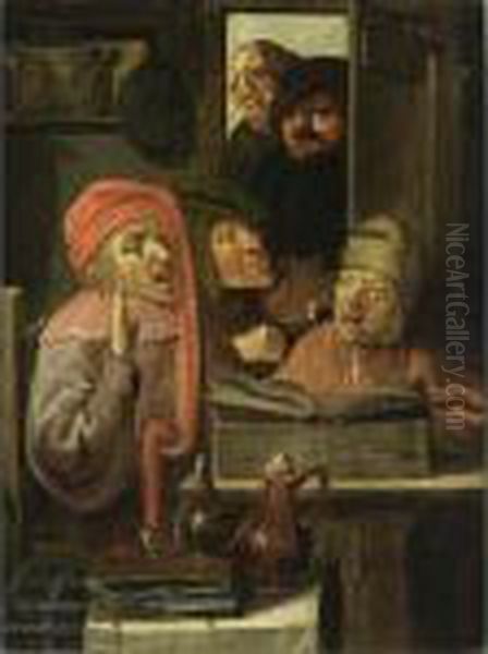 Three Men In An Interior Singing
 And Playing The Violin, With Two Others Watching Through A Doorway Oil Painting by Adriaen Brouwer