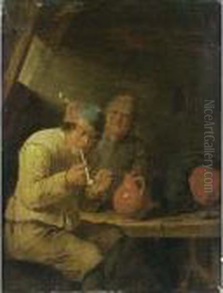 A Tavern Interior With Peasants Smoking Pipes Oil Painting by Adriaen Brouwer