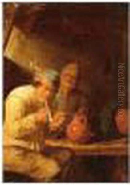 A Tavern Interior With Boors Smoking Oil Painting by Adriaen Brouwer