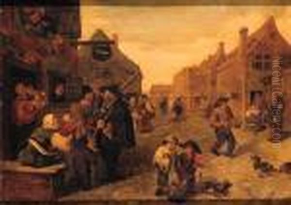 Boors Listening To A Liereman, Outside A Shoemaker's Workshop, In Avillage Street Oil Painting by Adriaen Brouwer