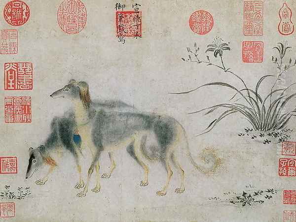 Two Saluki Hounds Oil Painting by Emperor Hsuan-tsung