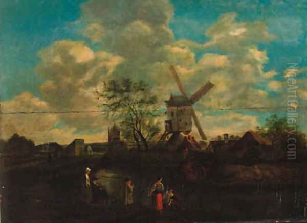 Peasants in a river landscape, a windmill beyond Oil Painting by Claes Hals