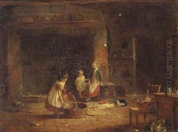 Children preparing a tub in a cottage interior Oil Painting by Frederick Daniel Hardy