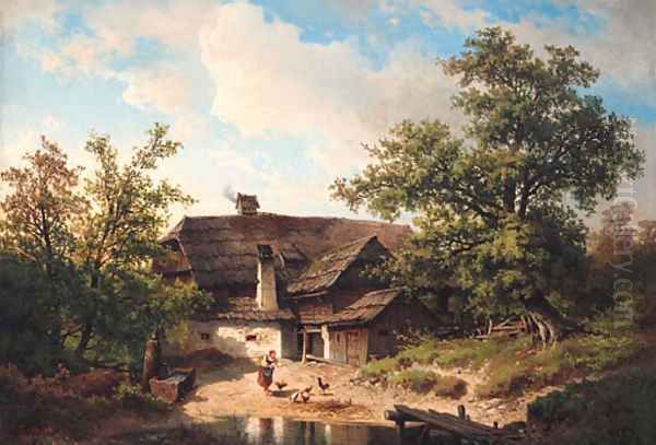 A Farmyard in the Tragossthal in Steiermark, Austria Oil Painting by Carl Hasch