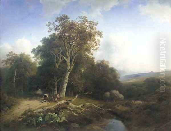 Peasants resting by a tree in a wooded valley Oil Painting by Frederik Hendrik Hendriks