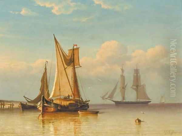 A hay-barge unloading, a Dutch frigat in the distance Oil Painting by Georges Johannes Hoffmann