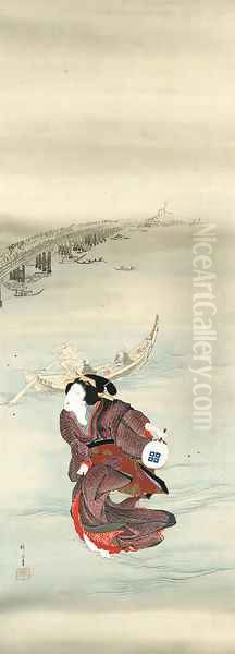 A geisha hunting fireflies in the Sumida River Oil Painting by Teisai Hokuba