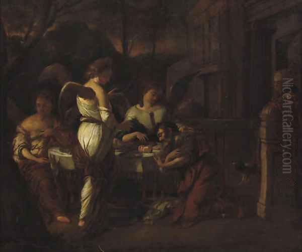 Abraham entertaining the three Angels Oil Painting by Hendrick Heerschop or Herschop