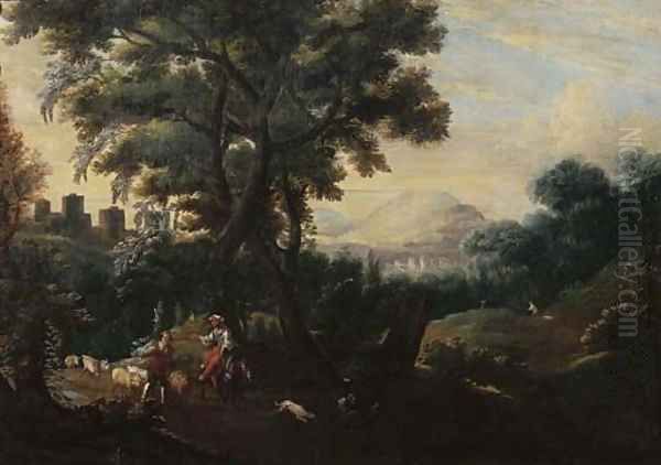 An Italianate landscape with a shepherd couple leading their flock down a path Oil Painting by Jacob De Heusch