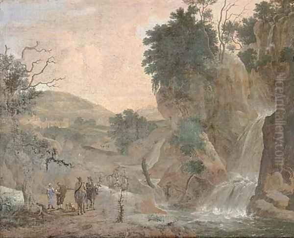 A mountainous river landscape with travellers by a waterfall Oil Painting by Jacob De Heusch