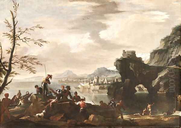 A Mediterranean coastal Landscape with Banditti in the foreground Oil Painting by Jacob De Heusch