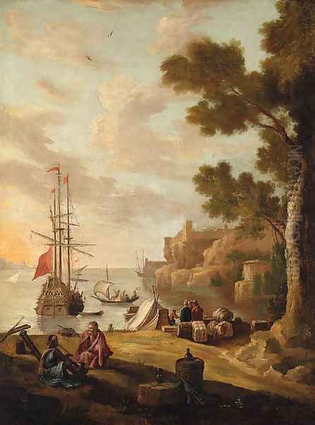 A Mediterranean Coastline with Travellers on the Shore, a Man-o'-War beyond Oil Painting by Jacob De Heusch