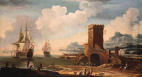 A Mediterranean harbour with a Dutch squadron off the coast and fisherfolk on the shore by a castellated tower Oil Painting by Jacob De Heusch