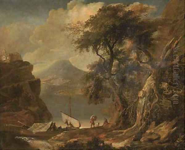 A mountainous river landscape with figures and boats in a wooded inlet Oil Painting by Jacob De Heusch