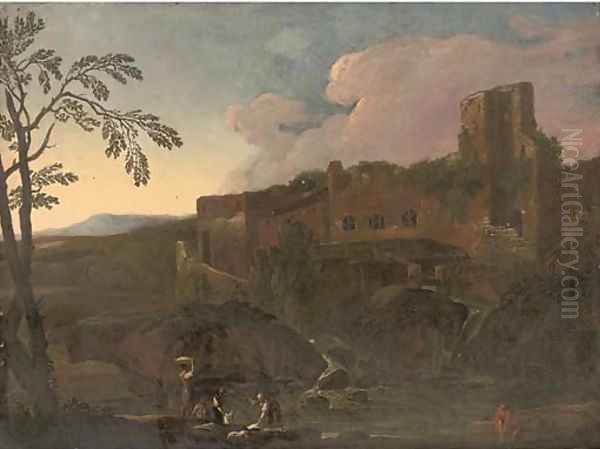 A landscape with washerwomen at a river, ruins beyond Oil Painting by Jacob De Heusch