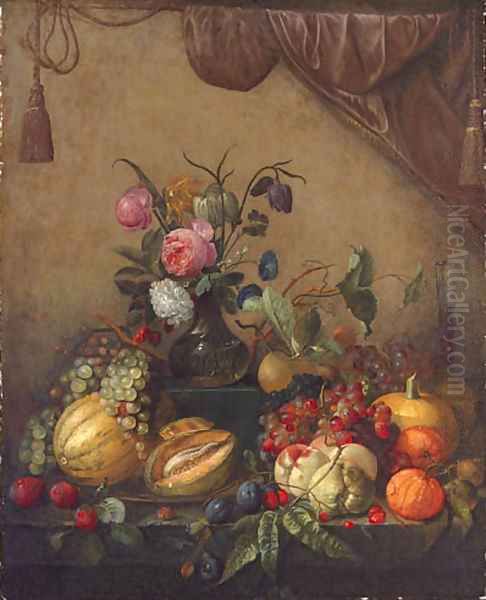 Grapes, melons, plums, peaches, oranges, cherries, a pumpkin, a glass of wine and a vase of flowers Oil Painting by Jan Davidsz. De Heem