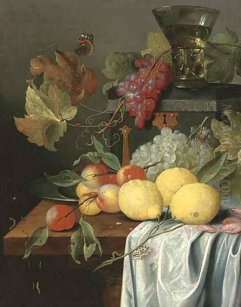 Lemons, peaches, prawns and grapes with a Magpie butterfly Oil Painting by Jan Davidsz. De Heem