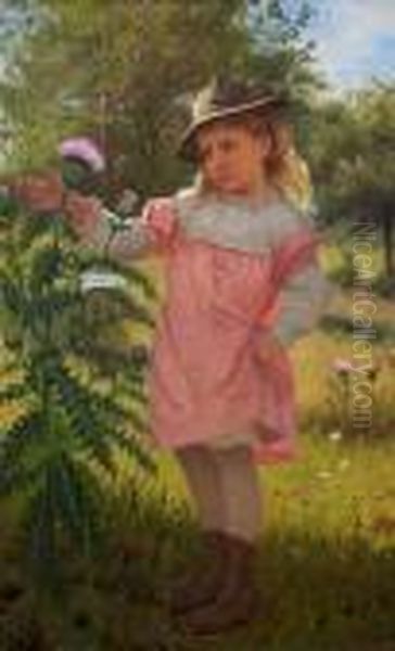 Young Girl With Flowers Oil Painting by John George Brown