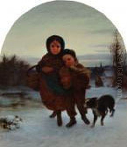 Wintery Walk Oil Painting by John George Brown