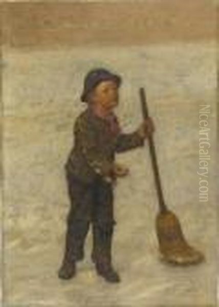 Little Boy Sweeping The Snow Oil Painting by John George Brown