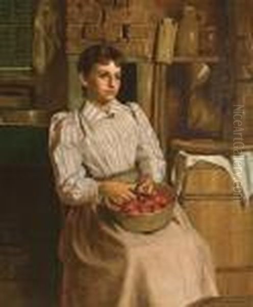 Young Girl Paring Apples Oil Painting by John George Brown