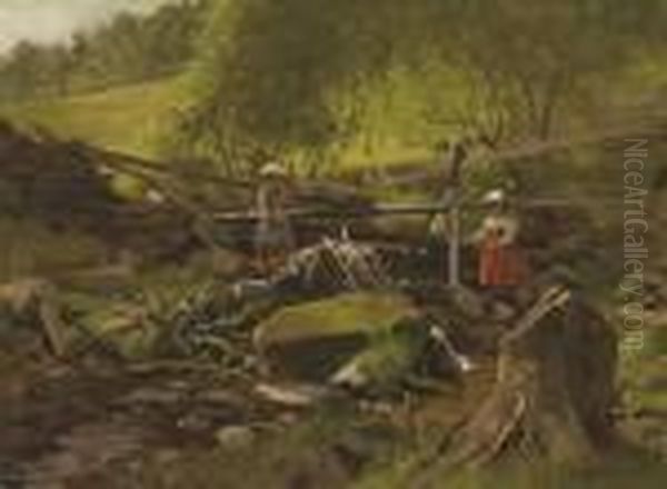 Fishing, Fort Lee, New Jersey Oil Painting by John George Brown