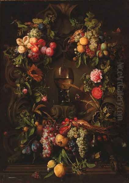 Swags of grapes, peaches, plums and lemons decorating a niche with a roemer, with a sparrow, butterflies, fly, beetles and a dragonfly Oil Painting by Jan Davidsz. De Heem