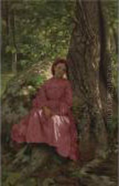 Resting In The Woods (girl Under A Tree) Oil Painting by John George Brown