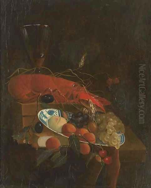 A lobster, a roemer of wine, a book, grapes, cherries, plums and other fruit in a dish on a partly-draped ledge Oil Painting by Jan Davidsz. De Heem