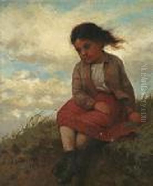 Girl On Hillside Oil Painting by John George Brown