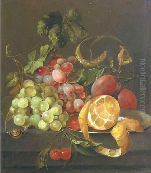 A partly peeled orange on a pewter platter with grapes, plums, cherries and a snail, on a stone ledge Oil Painting by Jan Davidsz. De Heem