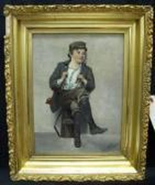 Portrait Of Young Boy Seated On Shoe Oil Painting by John George Brown