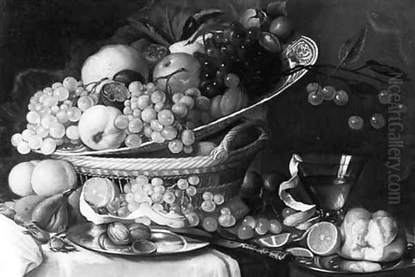 Grapes, A Peach, A Pomegranate, A Quinch And Walnuts On A Wan Li Dish On A Basket And A Peeled Orange, A Bun And Walnuts On Pewter Plates Oil Painting by Jan Davidsz. De Heem