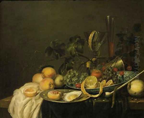 Grapes, a peeled lemon, an orange and cherries on a Wan-li dish Oil Painting by Jan Davidsz. De Heem