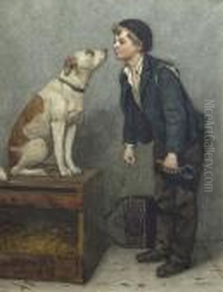 Shoeshine Boy With Dog Oil Painting by John George Brown