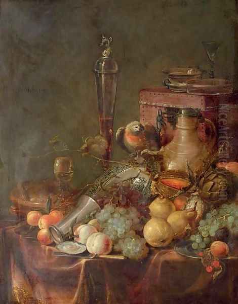 Grapes, peaches, cherries, a melon and an artichoke, with a blue and white porcelain dish Oil Painting by Jan Davidsz. De Heem