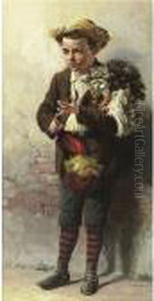 Boy With Feather Dusters Oil Painting by John George Brown