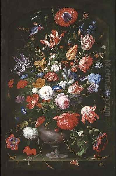 Roses, tulips, marigolds, a geranium and other flowers in a sculpted vase with butterflies, caterpillars, a ladybird, a bee, a snail Oil Painting by Jan Davidsz. De Heem