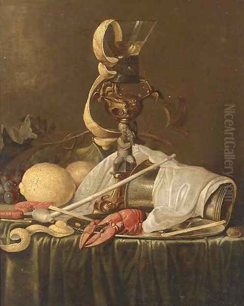 Lemons, grapes on the vine, prawns, a lobster on a pewter dish Oil Painting by Jan Davidsz. De Heem